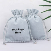 Light Grey Bottom PomPom Custom Jewerly Packaging Pouch Logo Personalized Drawstring Bag Small Wedding Favor